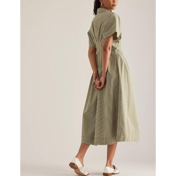 Women’s Cotton Pleated Maxi Dress Short Sleeve Button Collar Casual - Picture 4 of 6